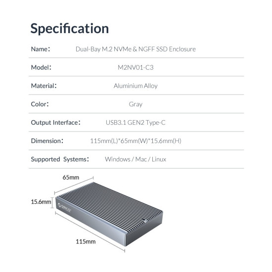 Външна кутия за два диска Orico Storage - Case - 2 x M.2 Dual Protocol NVMe+SATA, Aluminium - M2NV01-C3