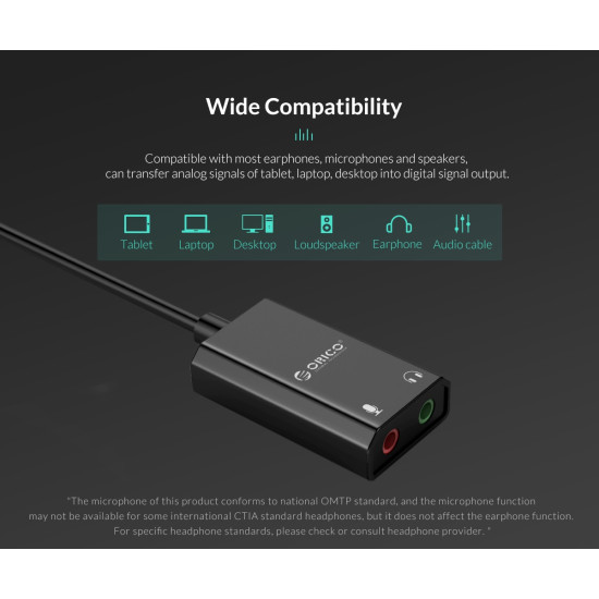 Външна звукова карта Orico USB Sound card - Headphones, Mic, Black - SKT2-BK