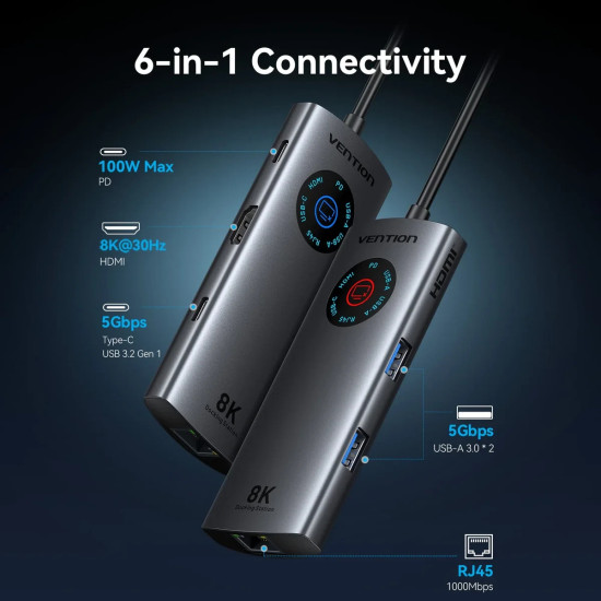 Докинг станция Vention Docking Station Type-C - TQZHB - 8K, LED Display - HDMI, USB 3.0 x 2, USB-C 3.2 Gen 1, PD100W, LAN (1Gbps)