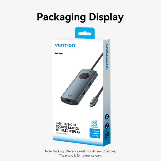 Докинг станция Vention Docking Station Type-C - TQZHB - 8K, LED Display - HDMI, USB 3.0 x 2, USB-C 3.2 Gen 1, PD100W, LAN (1Gbps)