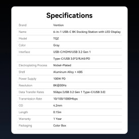 Докинг станция Vention Docking Station Type-C - TQZHB - 8K, LED Display - HDMI, USB 3.0 x 2, USB-C 3.2 Gen 1, PD100W, LAN (1Gbps)