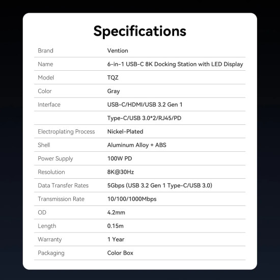 Докинг станция Vention Docking Station Type-C - TQZHB - 8K, LED Display - HDMI, USB 3.0 x 2, USB-C 3.2 Gen 1, PD100W, LAN (1Gbps)