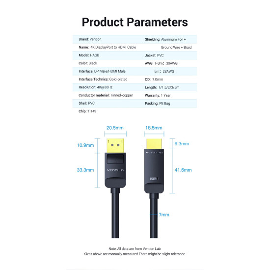 Display Port кабел Vention DisplayPort към HDMI 3.0m - 4K, Gold Plated - HAGBI