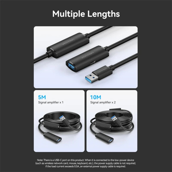 USB кабел удължение Vention, USB 3.0 AM/AF Active Extension, 5M, черен, CBMBJ