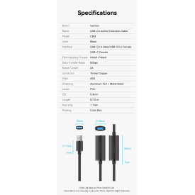 USB кабел удължение Vention, USB 3.0 AM/AF Active Extension, 5M, черен, CBMBJ