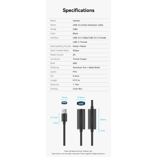 USB кабел удължение Vention, USB 3.0 AM/AF Active Extension, 5M, черен, CBMBJ
