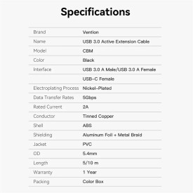 USB кабел удължение Vention, USB 3.0 AM/AF Active Extension, 5M, черен, CBMBJ