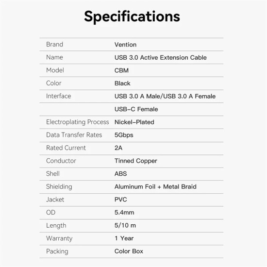 USB кабел удължение Vention, USB 3.0 AM/AF Active Extension, 5M, черен, CBMBJ