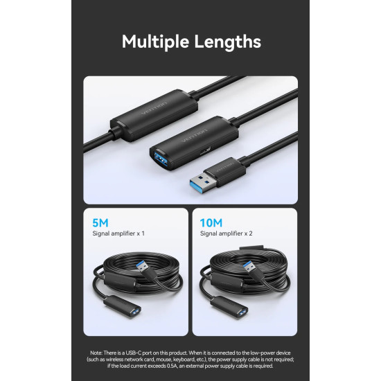 USB кабел удължение Vention, USB 3.0 AM/AF Active Extension, 5M, черен, CBMBJ