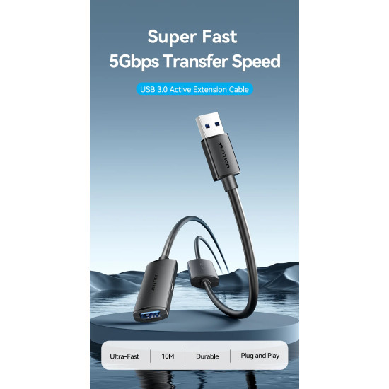 USB кабел удължение Vention, USB 3.0 AM/AF Active Extension, 5M, черен, CBMBJ