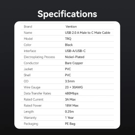 USB кабел Vention USB 2.0 AM / USB-C M 0.25m - TRQBAC