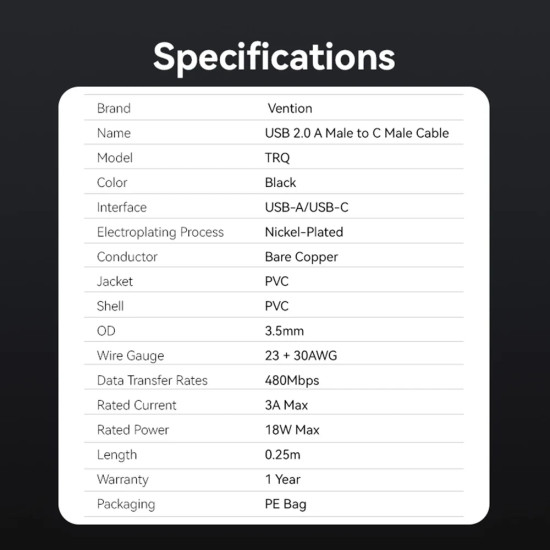 USB кабел Vention USB 2.0 AM / USB-C M 0.25m - TRQBAC