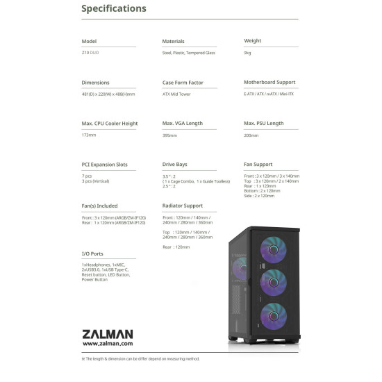 Кутия за компютър Zalman Case EATX - Z10 DUO - Mesh/Tempered Glass