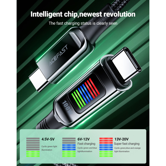 USB кабел Acefast USB-C to USB-C Cable 100W 1.2m with LED display - C7-03 - Black