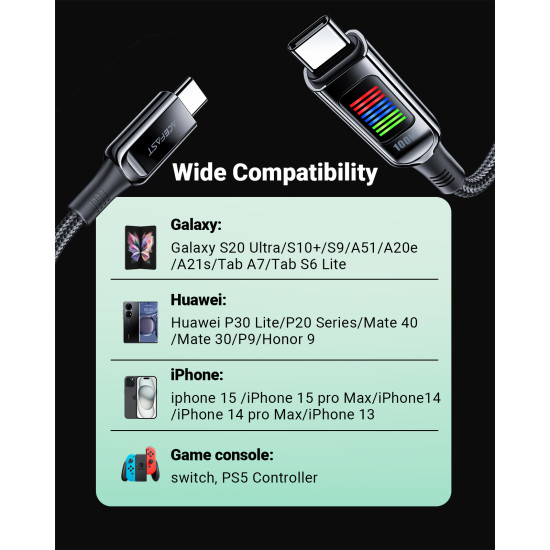 USB кабел Acefast USB-C to USB-C Cable 100W 1.2m with LED display - C7-03 - Black