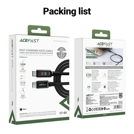 USB кабел Acefast USB-C to USB-C Cable 100W 1.2m with LED display - C7-03 - Black