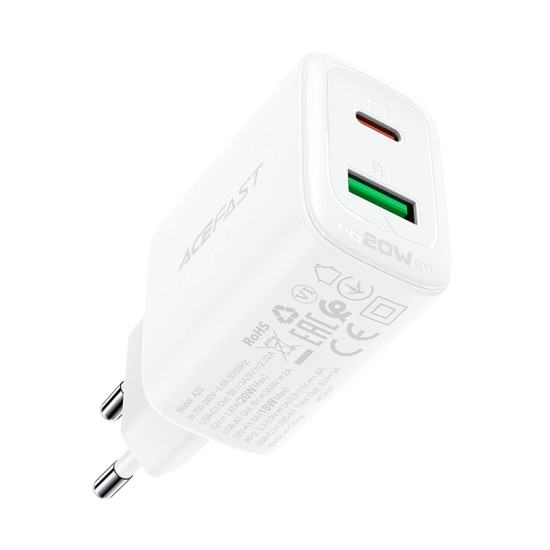 Зарядно Acefast Charger Wall GaN PD20W - A25 - USB-C x 1, USB-A x 1, White