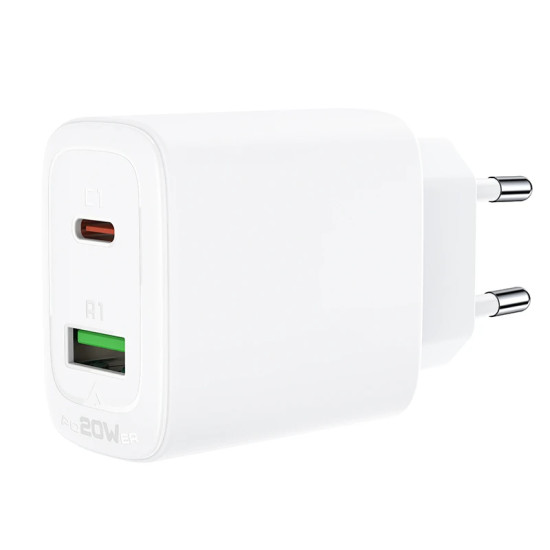 Зарядно Acefast Charger Wall GaN PD20W - A25 - USB-C x 1, USB-A x 1, White