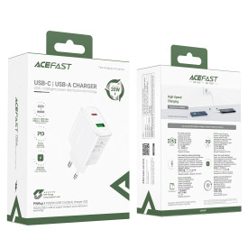 Зарядно Acefast Charger Wall GaN PD20W - A25 - USB-C x 1, USB-A x 1, White