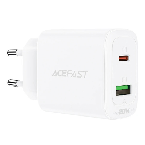 Зарядно Acefast Charger Wall GaN PD20W - A25 - USB-C x 1, USB-A x 1, White
