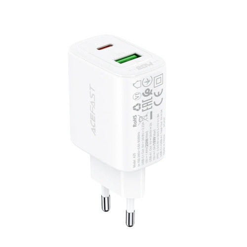 Зарядно Acefast Charger Wall GaN PD20W - A25 - USB-C x 1, USB-A x 1, White