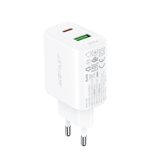 Зарядно Acefast Charger Wall GaN PD20W - A25 - USB-C x 1, USB-A x 1, White