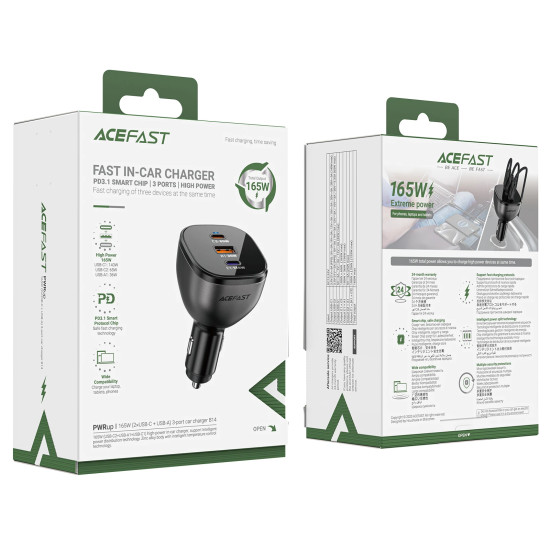 Зарядно за кола Acefast Fast Charger Car PD3.1 165W - B14 - USB-C x 2, USB-A x 1, Black