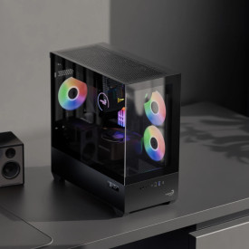 Кутия за компютър AeroCool Case mATX - P300D Digi-G-BK-v1 - Digital Display, USB-C, 3 x 120 mm A-RGB