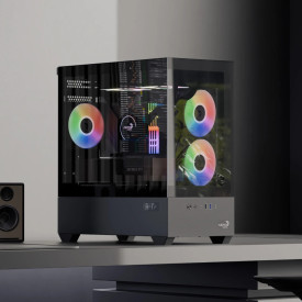 Кутия за компютър AeroCool Case mATX - P300D Digi-G-BK-v1 - Digital Display, USB-C, 3 x 120 mm A-RGB