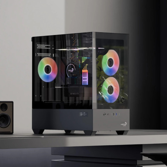 Кутия за компютър AeroCool Case mATX - P300D Digi-G-BK-v1 - Digital Display, USB-C, 3 x 120 mm A-RGB