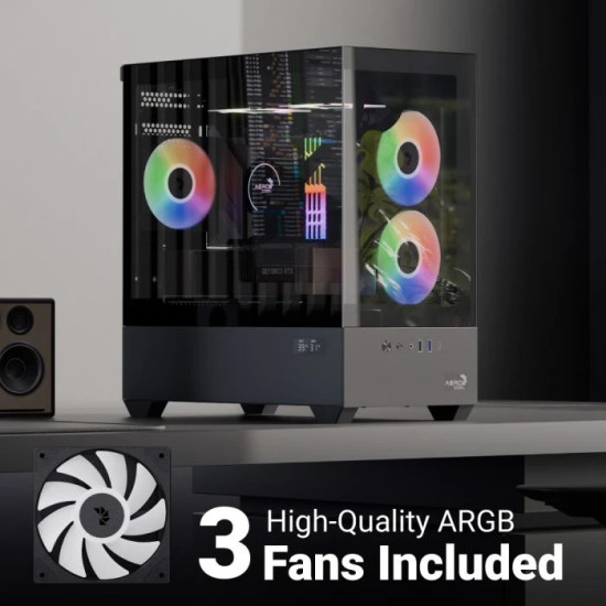 Кутия за компютър AeroCool Case mATX - P300D Digi-G-BK-v1 - Digital Display, USB-C, 3 x 120 mm A-RGB