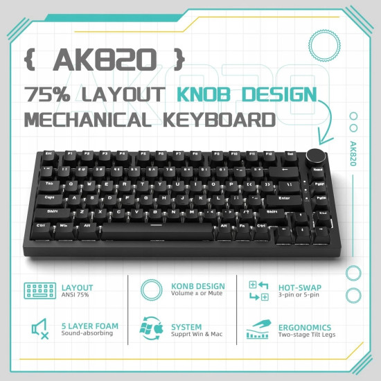Клавиатура Ajazz Gaming Mechanical Keyboard AK820 - Red Switches [Linear] (English US), Black, White Backlight