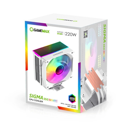 Охладител за процесор GameMax Sigma 550 Infinity WH, 120 mm, ARGB, 220W TDP, White