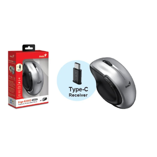 Безжина мишка Genius Mouse Wireless Silent - Ergo 8200S Silver - Silent, 2.4GHz, USB-C receiver