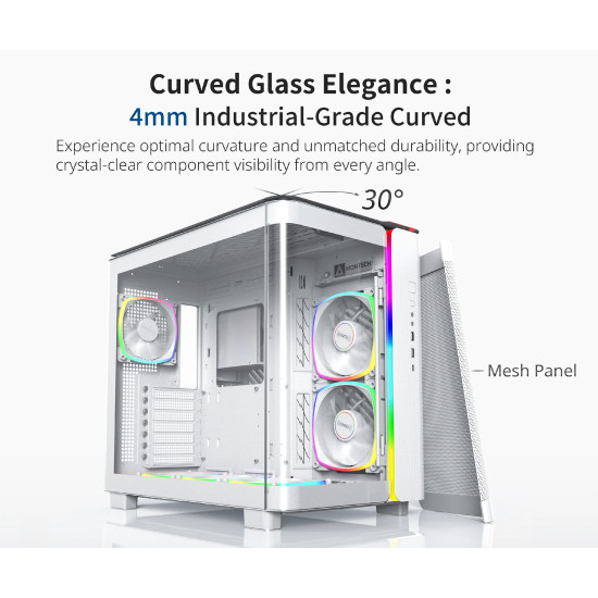 Кутия за компютър Montech KING 95 Pro, Dual Chamber Mid-tower Case, 6 ARGB Fans, 2 Front Panels, White