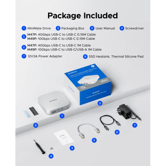 SDD докинг станция Orico M49PEUSV, M.2 NVMe, USB-C 10Gbps, USB3.2 x2, USB2.0 x2, Audio, SD/TF, Silver