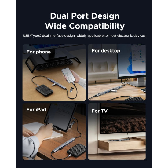 USB хъб Orico HUB USB-C 5 port - USB3.0 x 1, USB2.0 x 2, USB-C x 2, Aluminium - YSB4-U2-GY