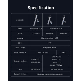 USB хъб Orico HUB USB-C 5 port - USB3.0 x 1, USB2.0 x 2, USB-C x 2, Aluminium - YSB4-U2-GY