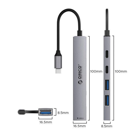 USB хъб Orico HUB USB-C 5 port - USB3.0 x 1, USB2.0 x 2, USB-C x 2, Aluminium - YSB4-U2-GY