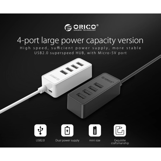 USB хъб Orico USB2.0 HUB 4 port - USB/Micro USB input, Black - W5P-U2-030-BK-EP