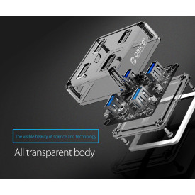 USB хъб Orico USB3.0 HUB 4 port transparent, 1m cable - MH4U-U3-10-CR