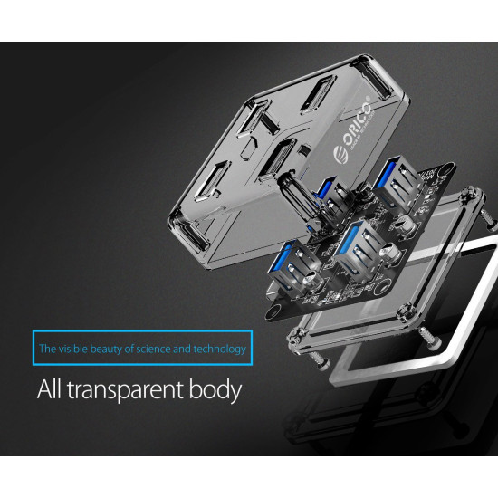 USB хъб Orico USB3.0 HUB 4 port transparent, 1m cable - MH4U-U3-10-CR