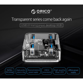 USB хъб Orico USB3.0 HUB 4 port transparent, 1m cable - MH4U-U3-10-CR