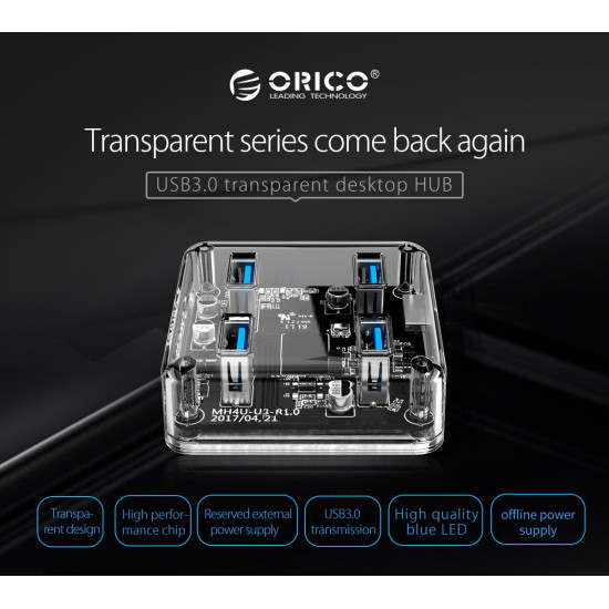 USB хъб Orico USB3.0 HUB 4 port transparent, 1m cable - MH4U-U3-10-CR
