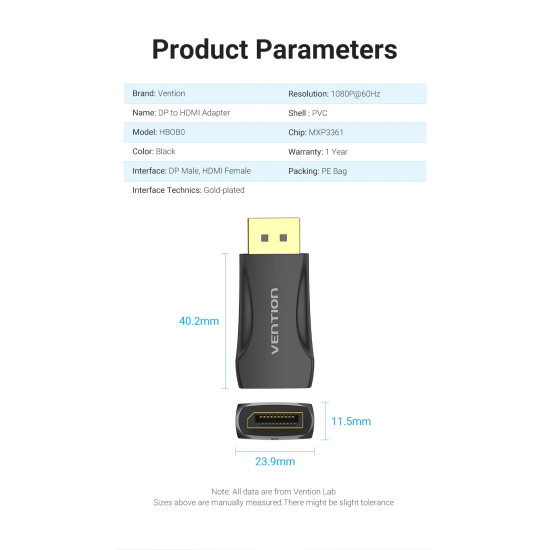 Адаптер Vention DisplayPort DP M / HDMI F Gold plated - HBOB0