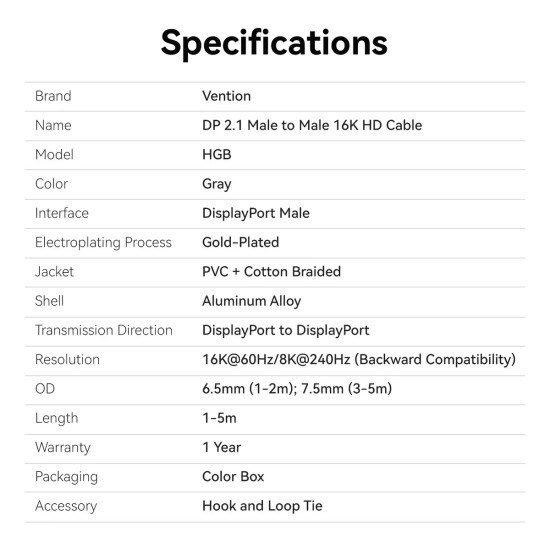 DisplayPort кабел Vention Cable - Display Port v2.1 DP M / M Black 16K@60Hz, 1M - HGBHF
