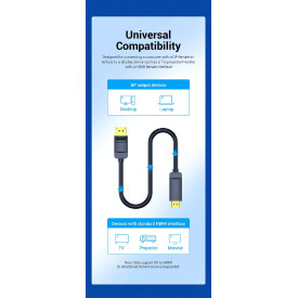Display Port кабел Vention DisplayPort към HDMI 1.5m - 4K, Gold Plated - HAGBG