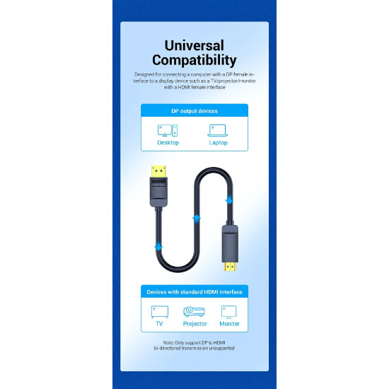 Display Port кабел Vention DisplayPort към HDMI 1.5m - 4K, Gold Plated - HAGBG