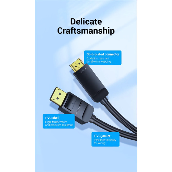 Display Port кабел Vention DisplayPort към HDMI 1.5m - 4K, Gold Plated - HAGBG
