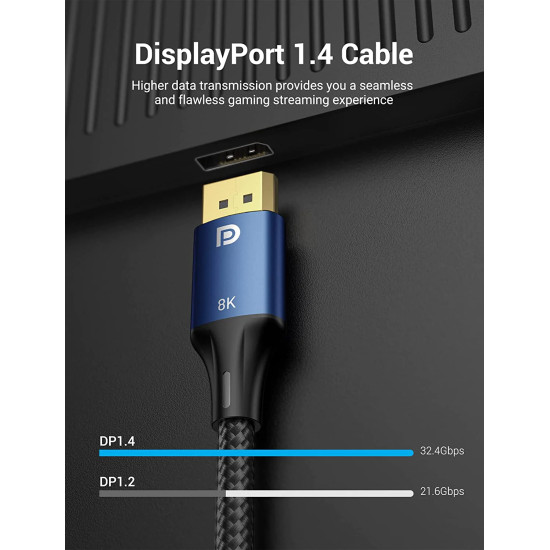 Display Port кабел Vention v1.4 DP M / M 8K 2m - Cotton Braided, Blue Aluminum Alloy - HCELH